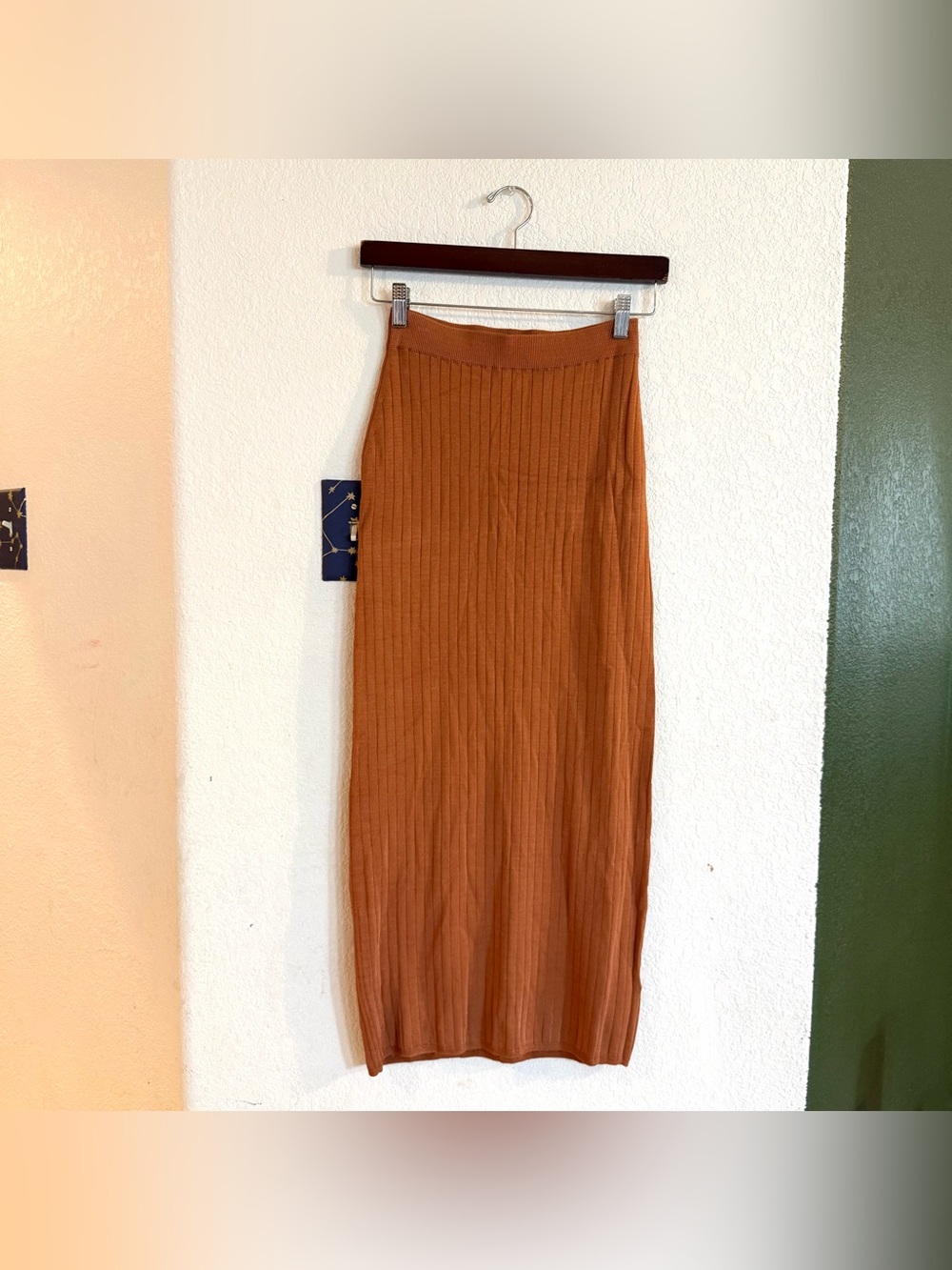 Free People Womens Pencil MIDI Skirt Burnt Orange Ribbed Stretch Size Small